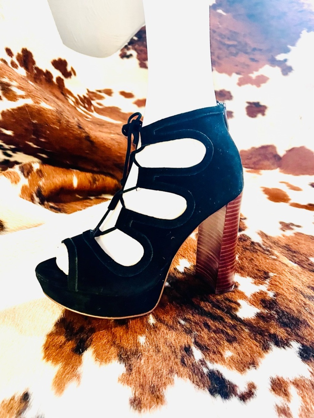 Vince Camuto Black Suede Lace-Up Cutout Platform Sandals with Brown Stacked Heel